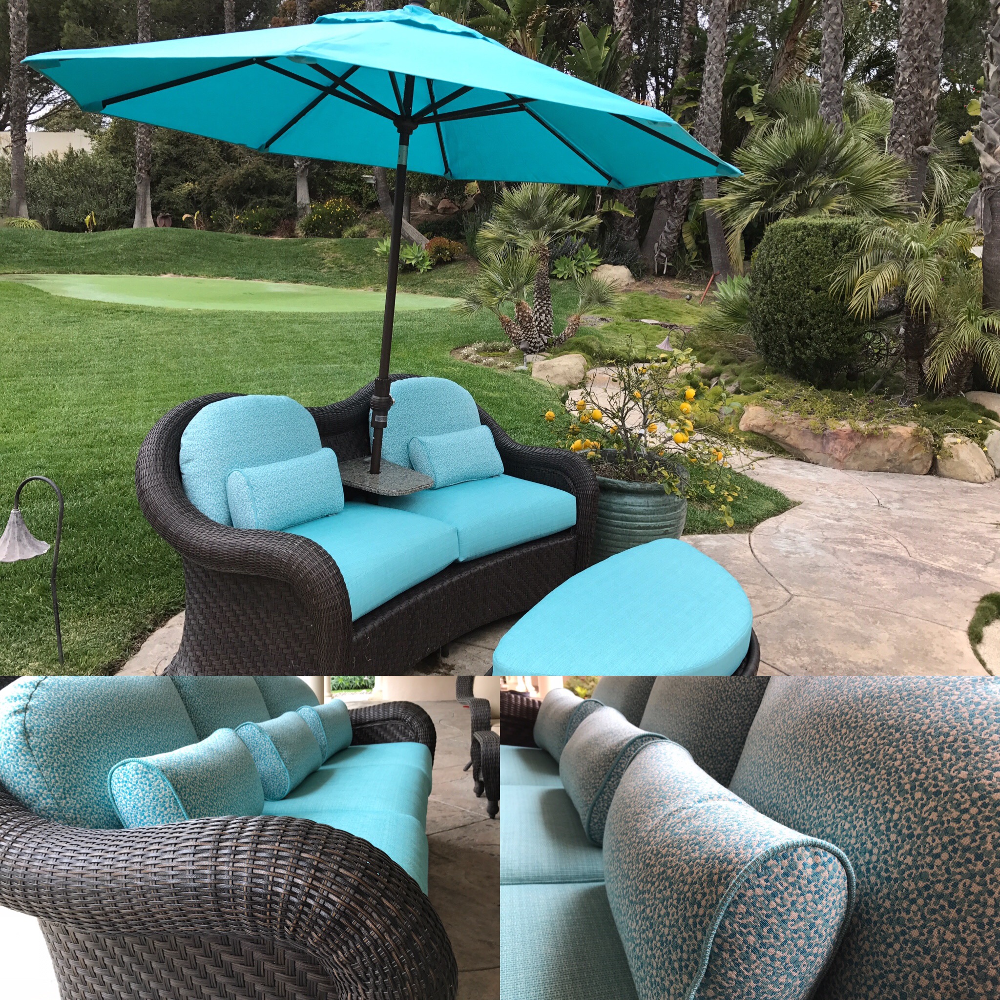 Resort pool deck sun loungers with custom matching cushions